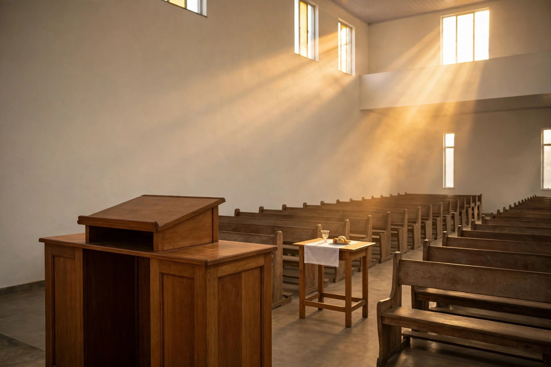 Púlpito e altar de igreja Assembleia de Deus sob luz dourada
